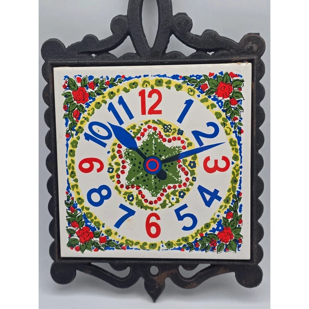 Vintage Lobeco Wall Clock Cast Iron Trivet 10.5in White Tile Retro Floral Japan